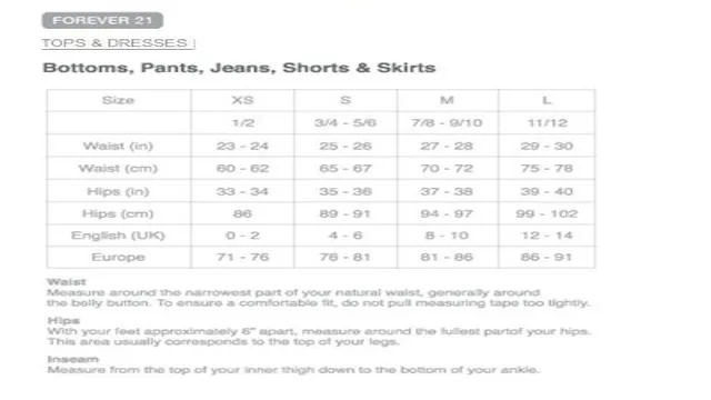forever 21 jeans size chart